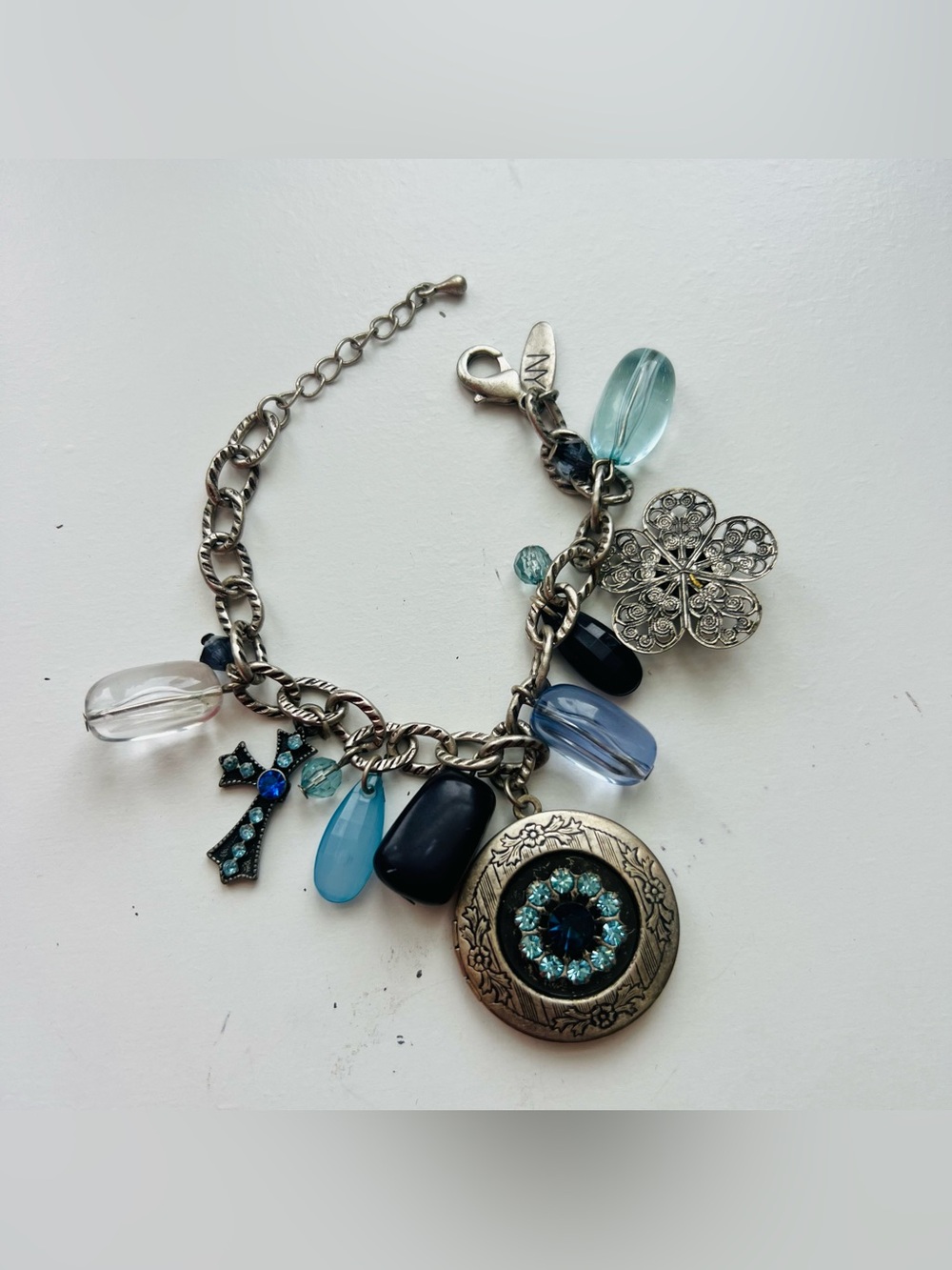 DKNY Silver-Tone Bracelet with Blue and Aqua Charms